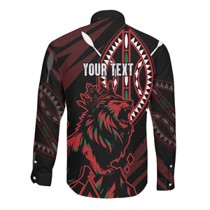 Kenya Personalized Lion Long Sleeve Button Shirt Stylized Maasai Shield - African Pride