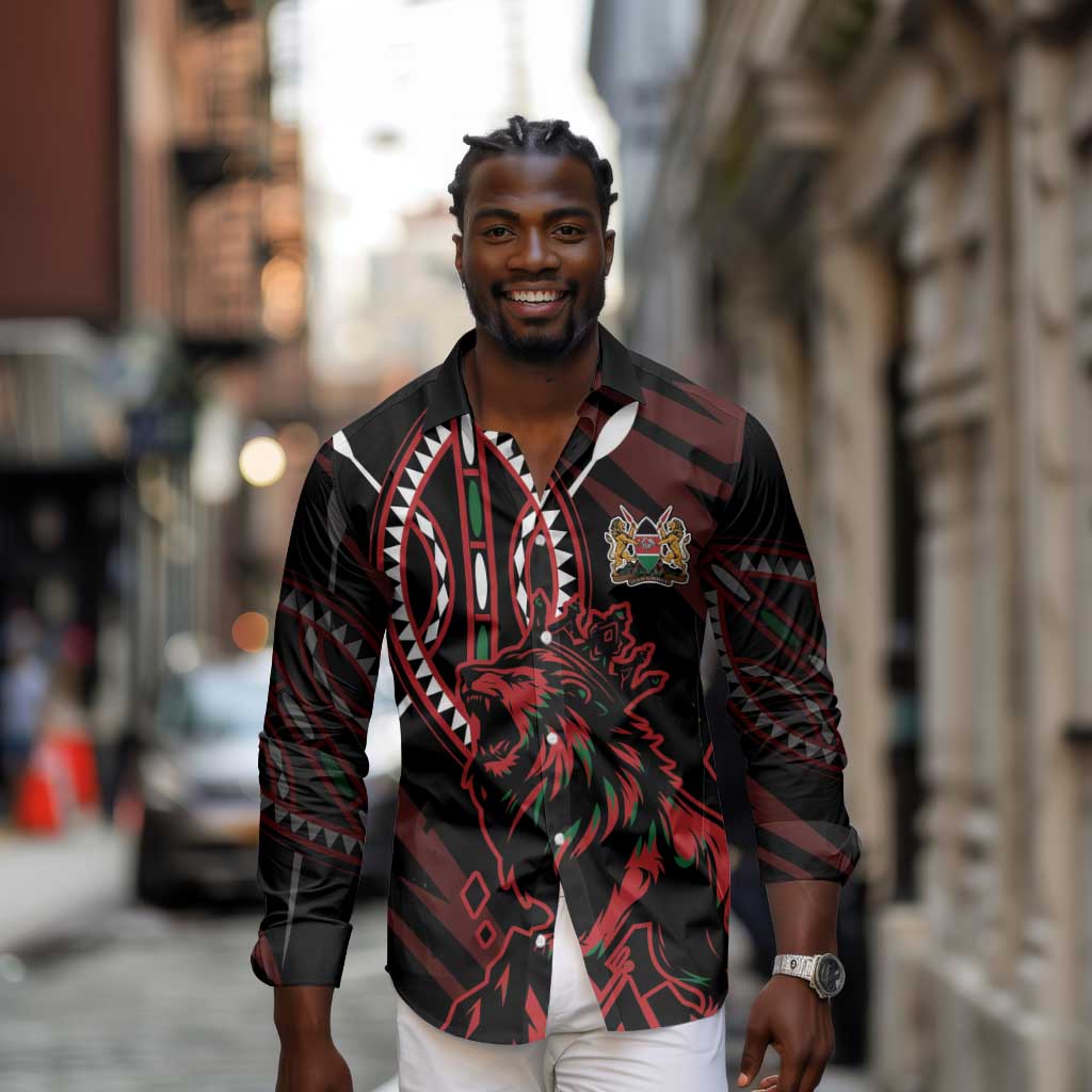 Kenya Personalized Lion Long Sleeve Button Shirt Stylized Maasai Shield - African Pride