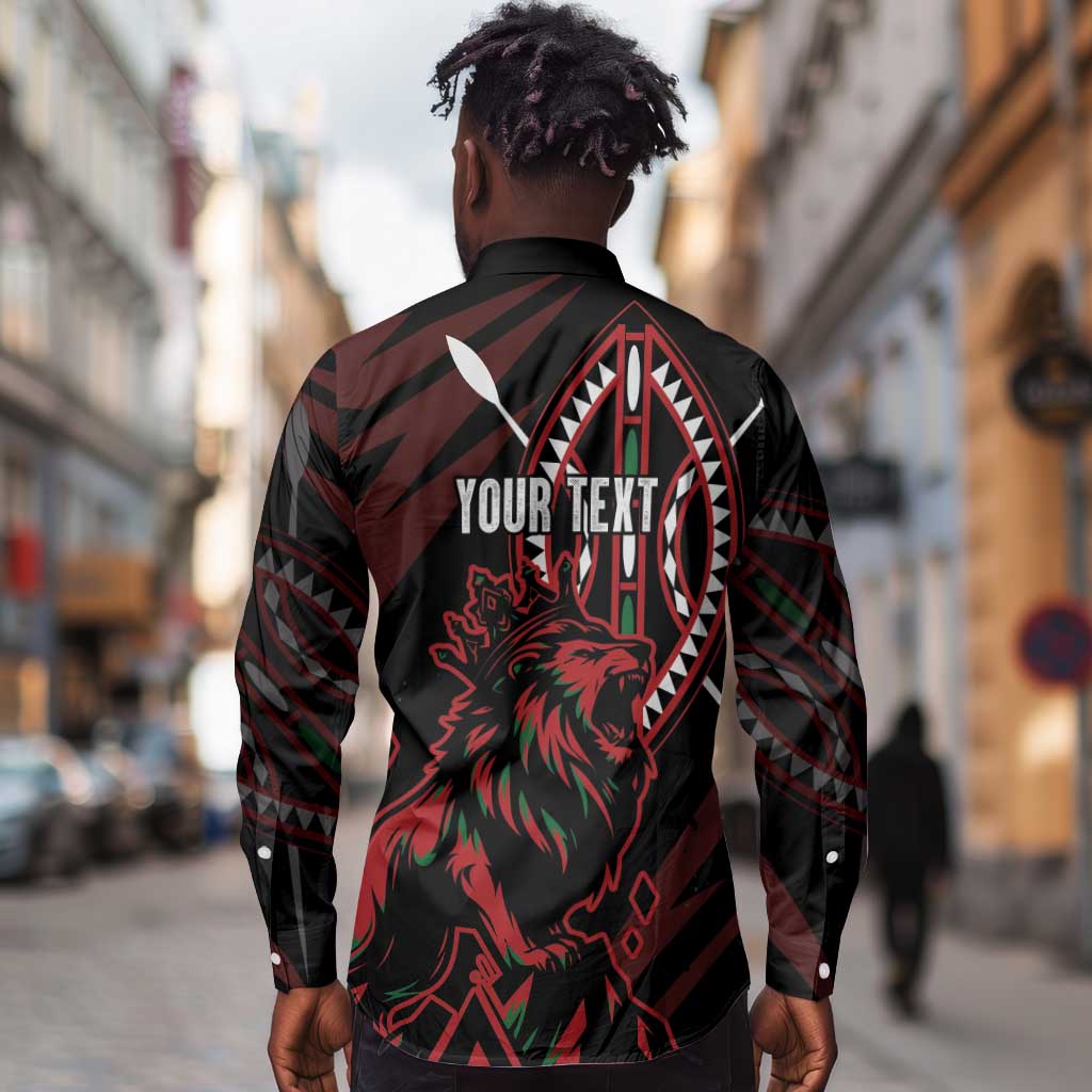 Kenya Personalized Lion Long Sleeve Button Shirt Stylized Maasai Shield - African Pride