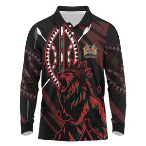 Kenya Personalized Lion Long Sleeve Polo Shirt Stylized Maasai Shield - African Pride