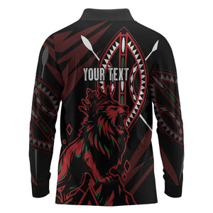 Kenya Personalized Lion Long Sleeve Polo Shirt Stylized Maasai Shield - African Pride