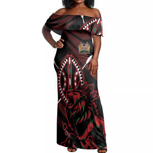 Kenya Personalized Lion Off Shoulder Maxi Dress Stylized Maasai Shield - African Pride
