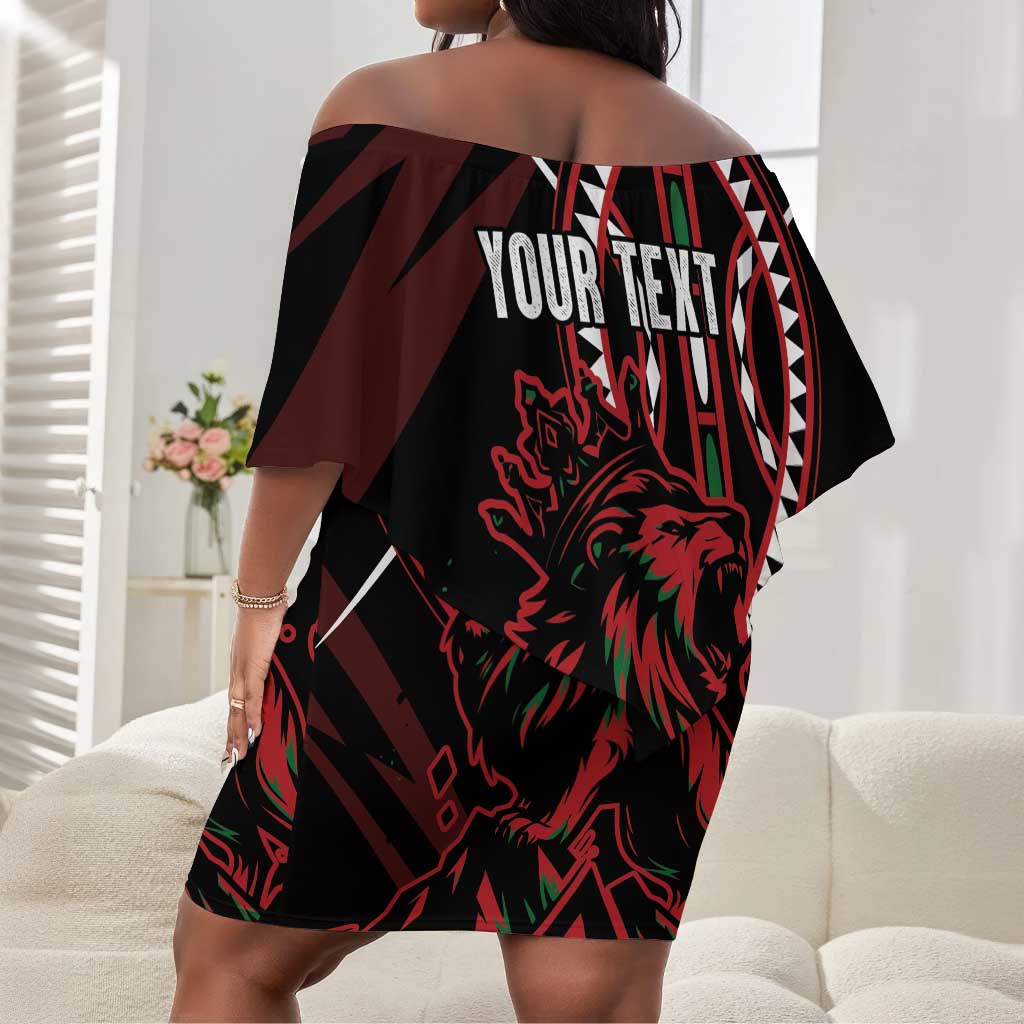 Kenya Personalized Lion Off Shoulder Short Dress Stylized Maasai Shield - African Pride