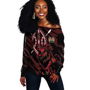 Kenya Personalized Lion Off Shoulder Sweater Stylized Maasai Shield - African Pride