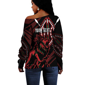 Kenya Personalized Lion Off Shoulder Sweater Stylized Maasai Shield - African Pride