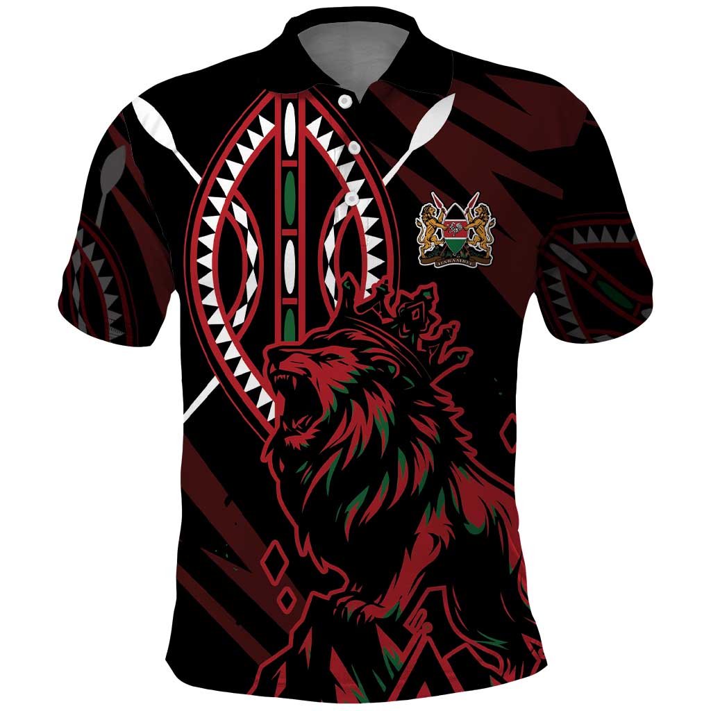 Kenya Personalized Lion Polo Shirt Stylized Maasai Shield - African Pride