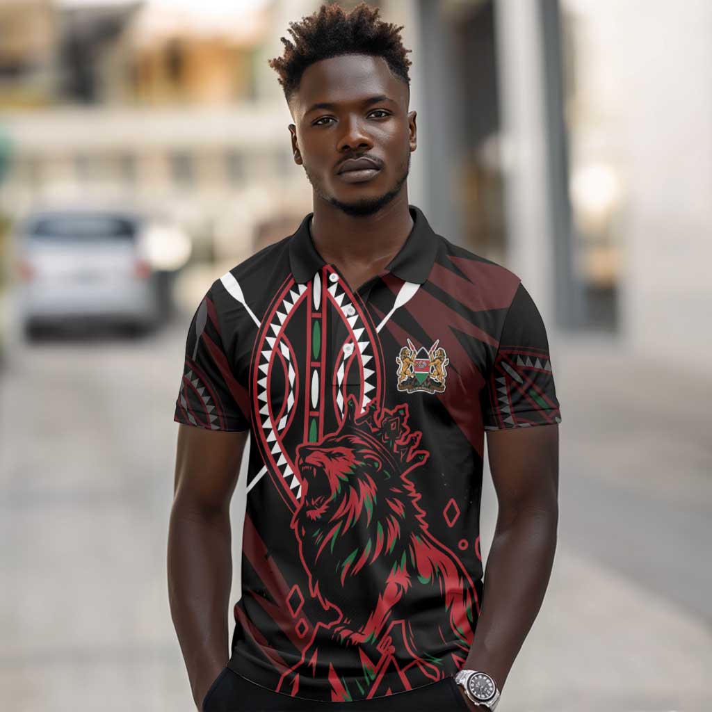 Kenya Personalized Lion Polo Shirt Stylized Maasai Shield - African Pride