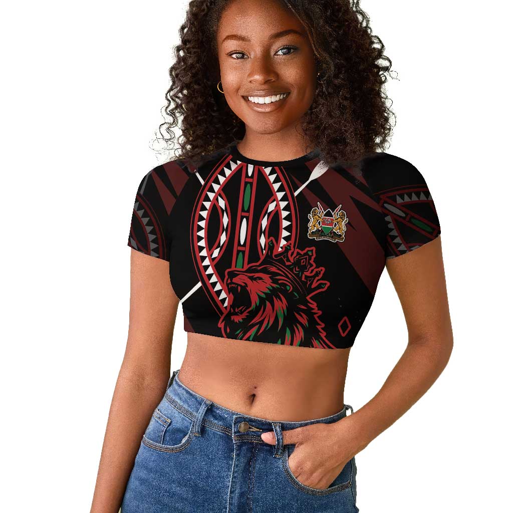 Kenya Personalized Lion Raglan Cropped T shirt Stylized Maasai Shield - African Pride