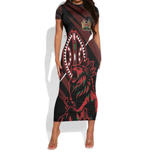 Kenya Personalized Lion Short Sleeve Bodycon Dress Stylized Maasai Shield - African Pride