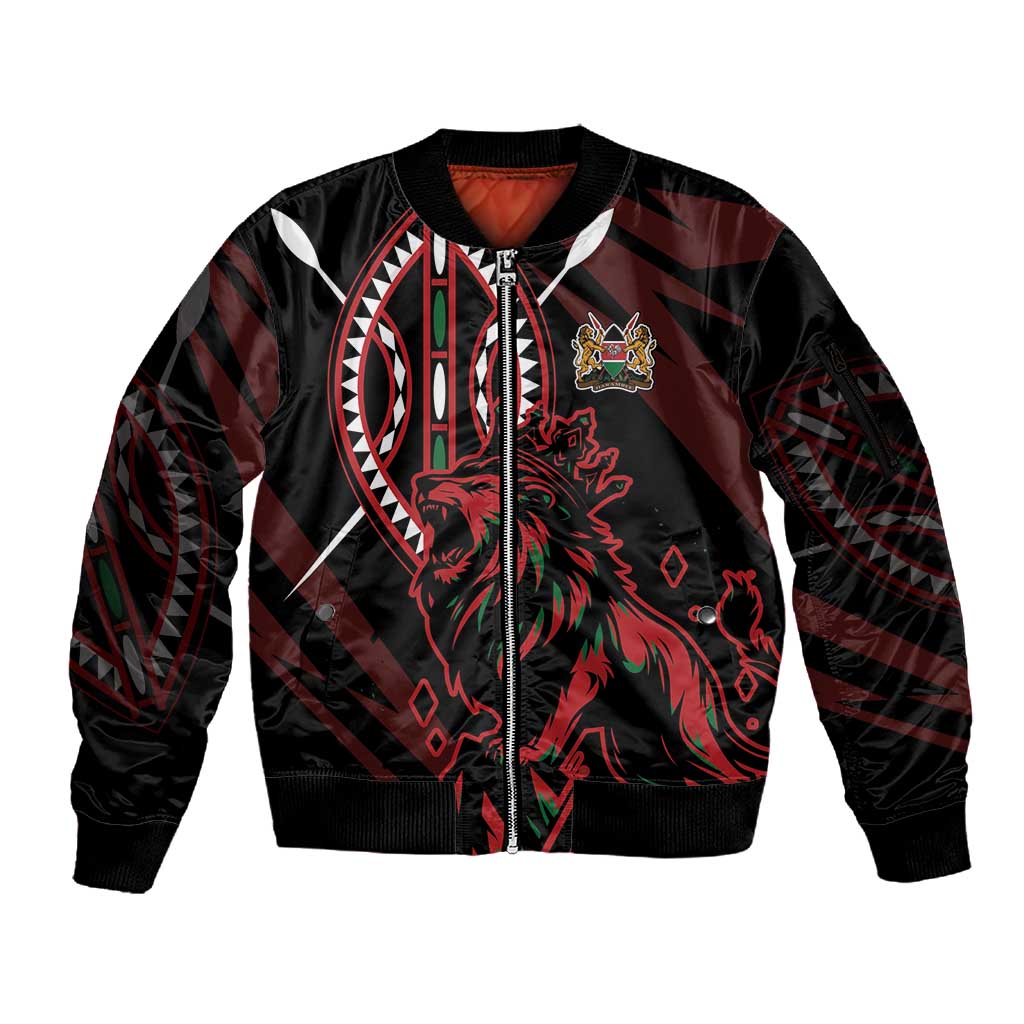Kenya Personalized Lion Sleeve Zip Bomber Jacket Stylized Maasai Shield - African Pride