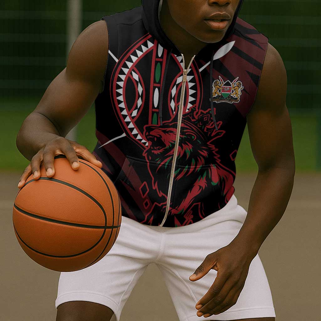 Kenya Personalized Lion Sleeveless Zip Hoodie Stylized Maasai Shield - African Pride