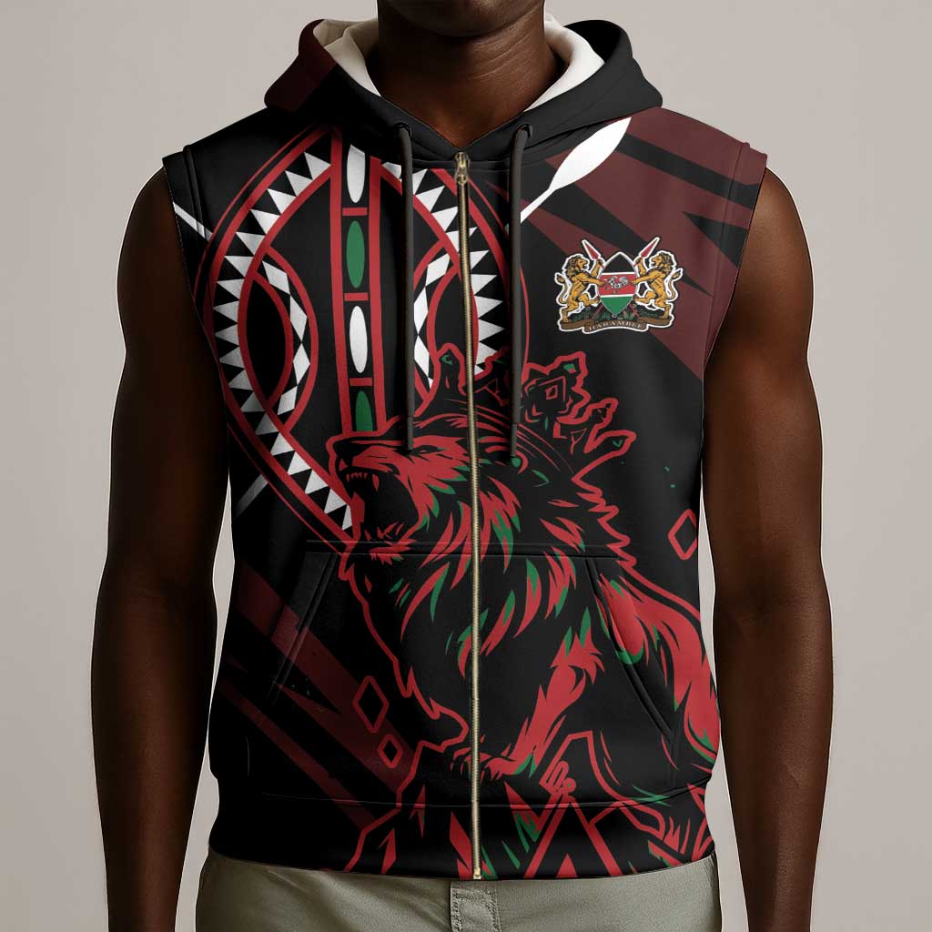 Kenya Personalized Lion Sleeveless Zip Hoodie Stylized Maasai Shield - African Pride