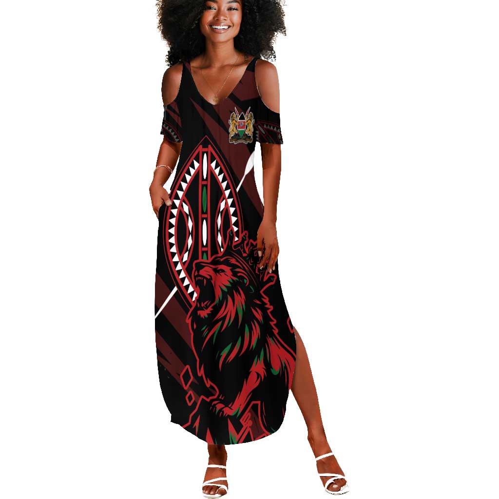 Kenya Personalized Lion Summer Maxi Dress Stylized Maasai Shield - African Pride
