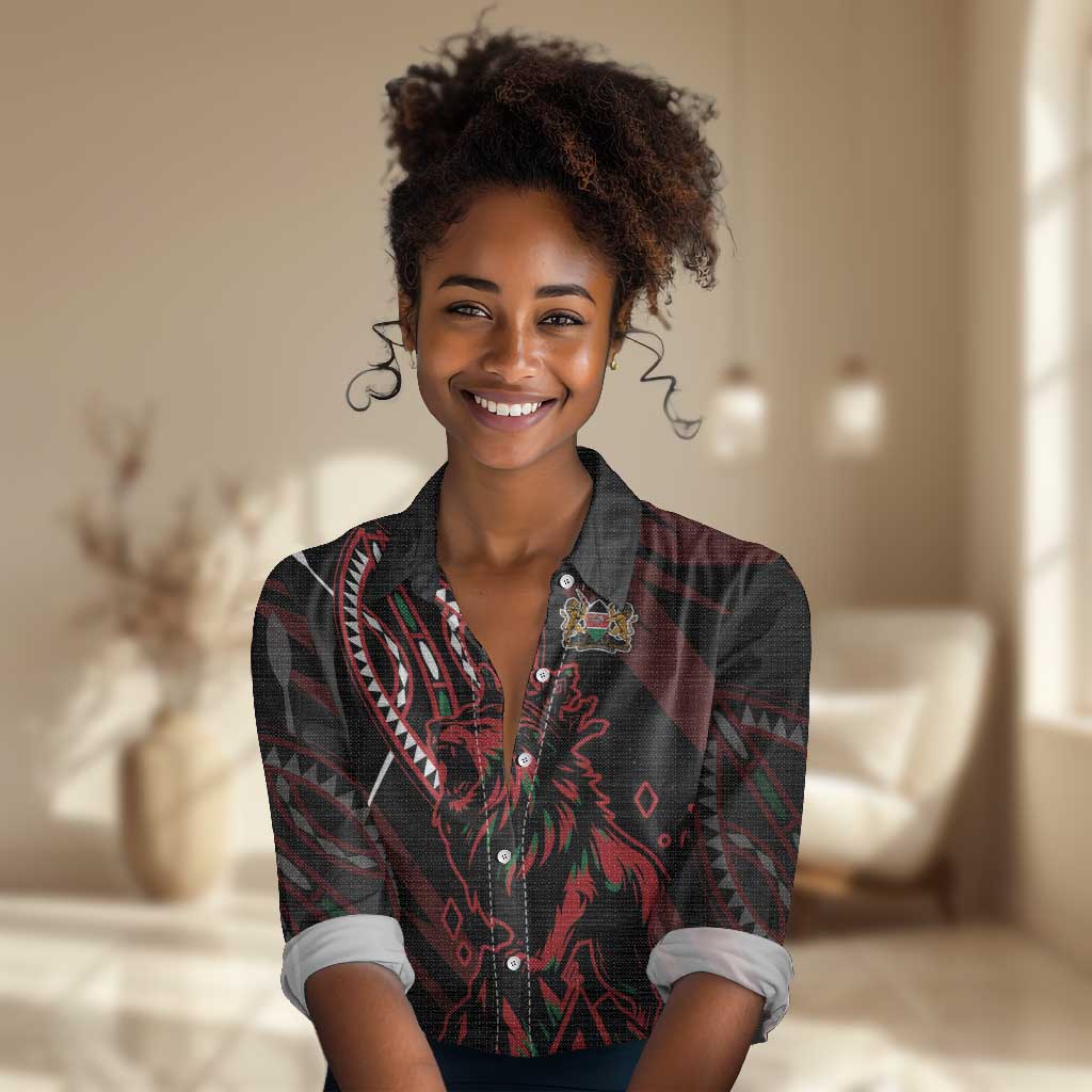 Kenya Personalized Lion Women Casual Shirt Stylized Maasai Shield - African Pride