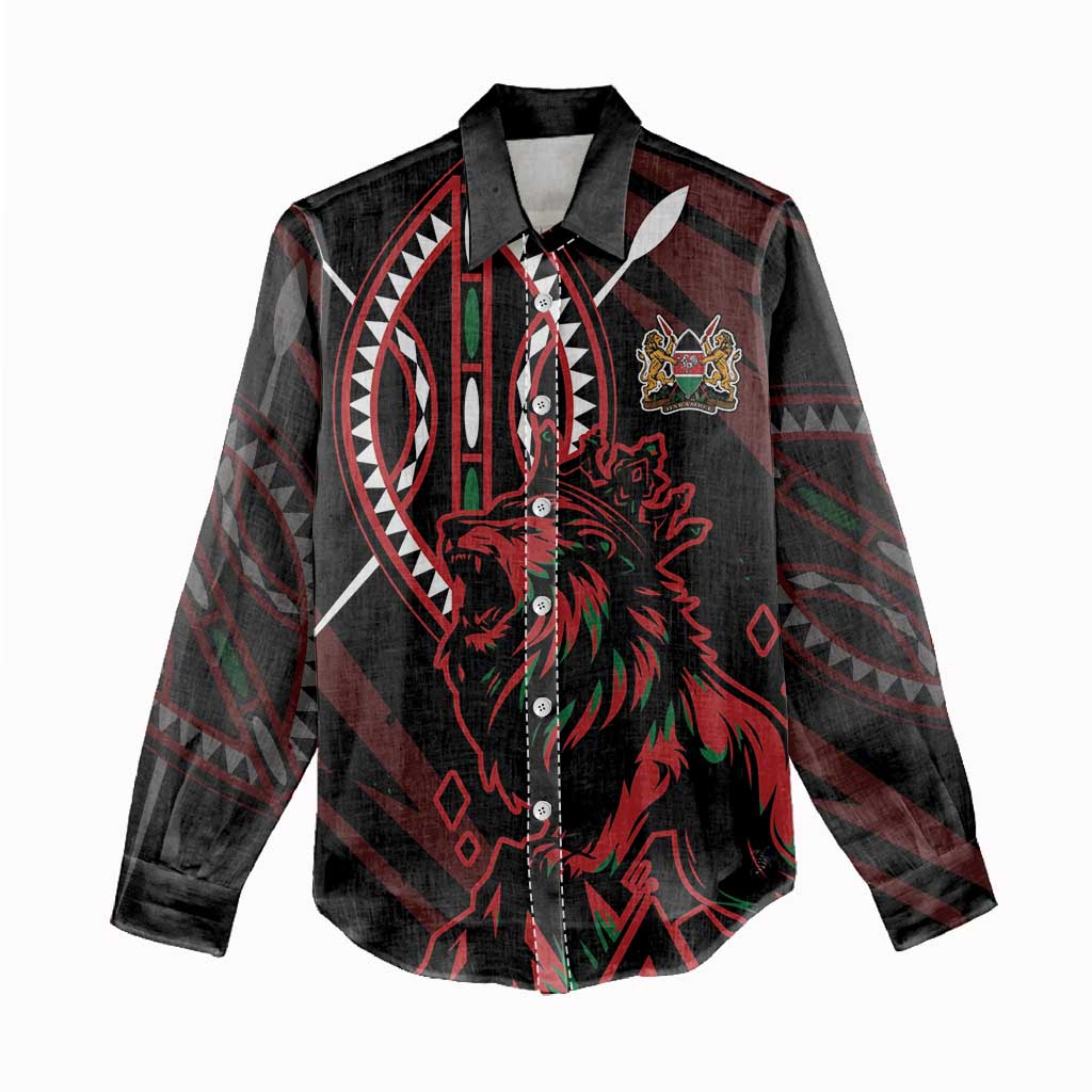 Kenya Personalized Lion Women Casual Shirt Stylized Maasai Shield - African Pride