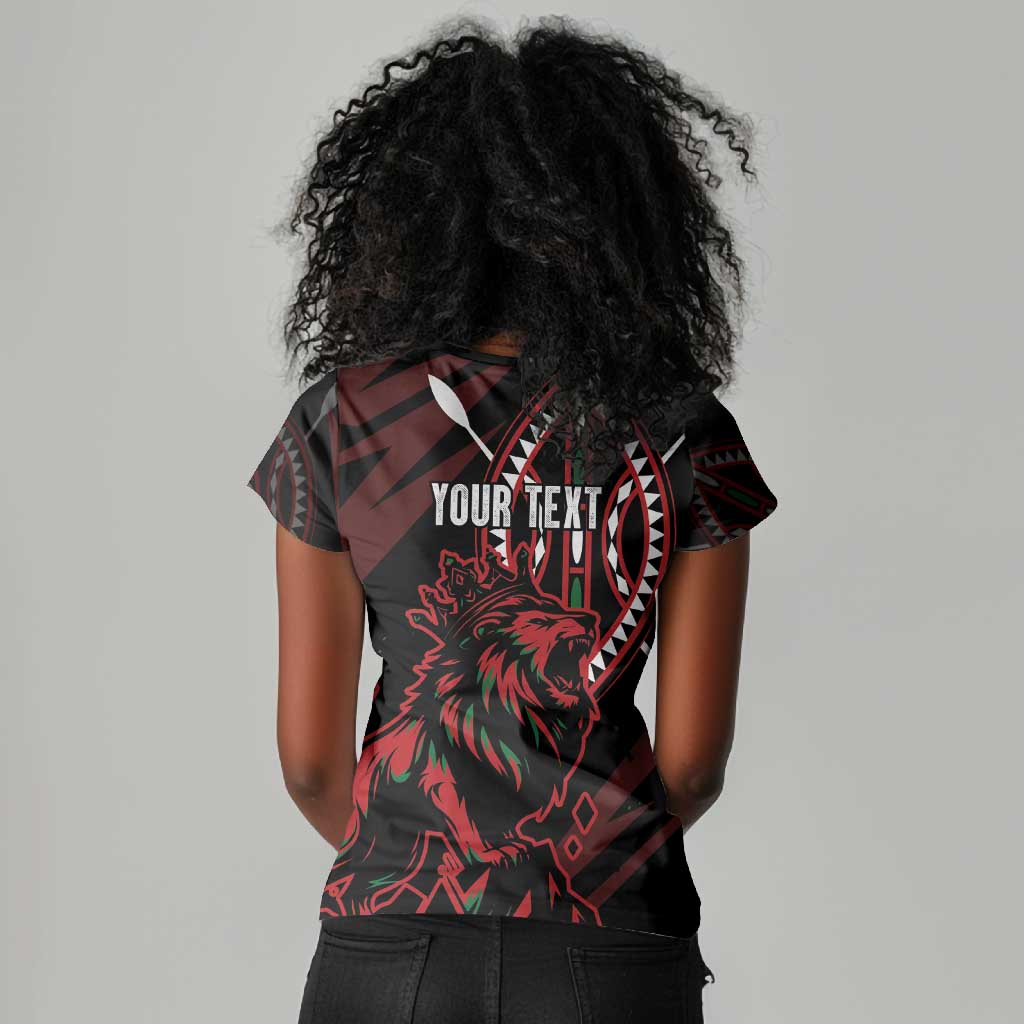 Kenya Personalized Lion Women V-Neck T-Shirt Stylized Maasai Shield - African Pride