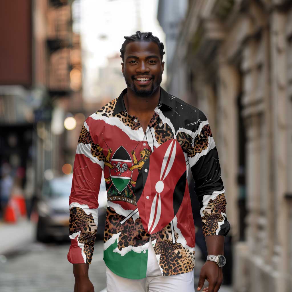 Kenya Long Sleeve Button Shirt Mix Animal Skin Pattern Grunge Style - African Pride