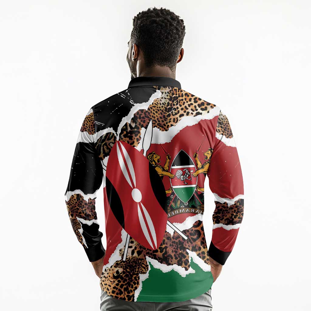 Kenya Long Sleeve Polo Shirt Mix Animal Skin Pattern Grunge Style - African Pride