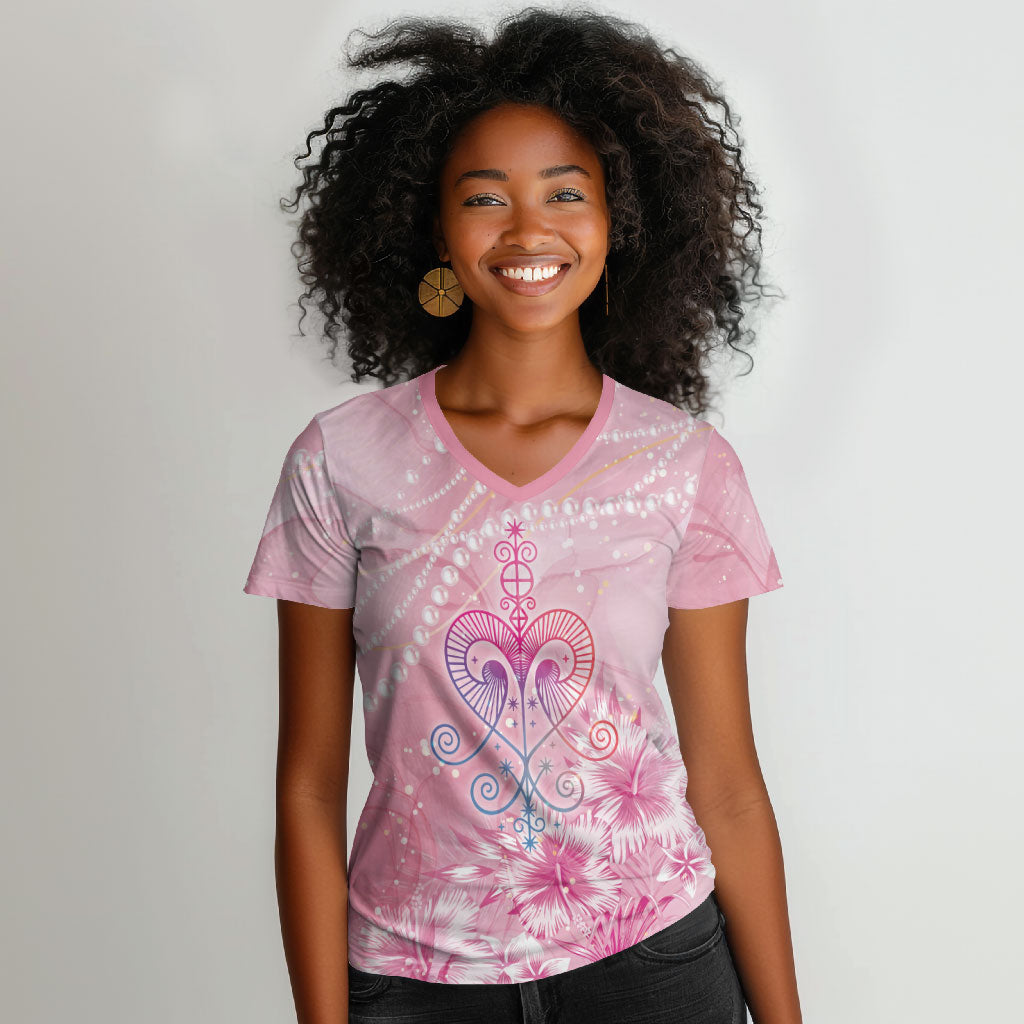 Afro Vodou Erzulie Freda Women V-Neck T-Shirt Hibiscus & Pearls