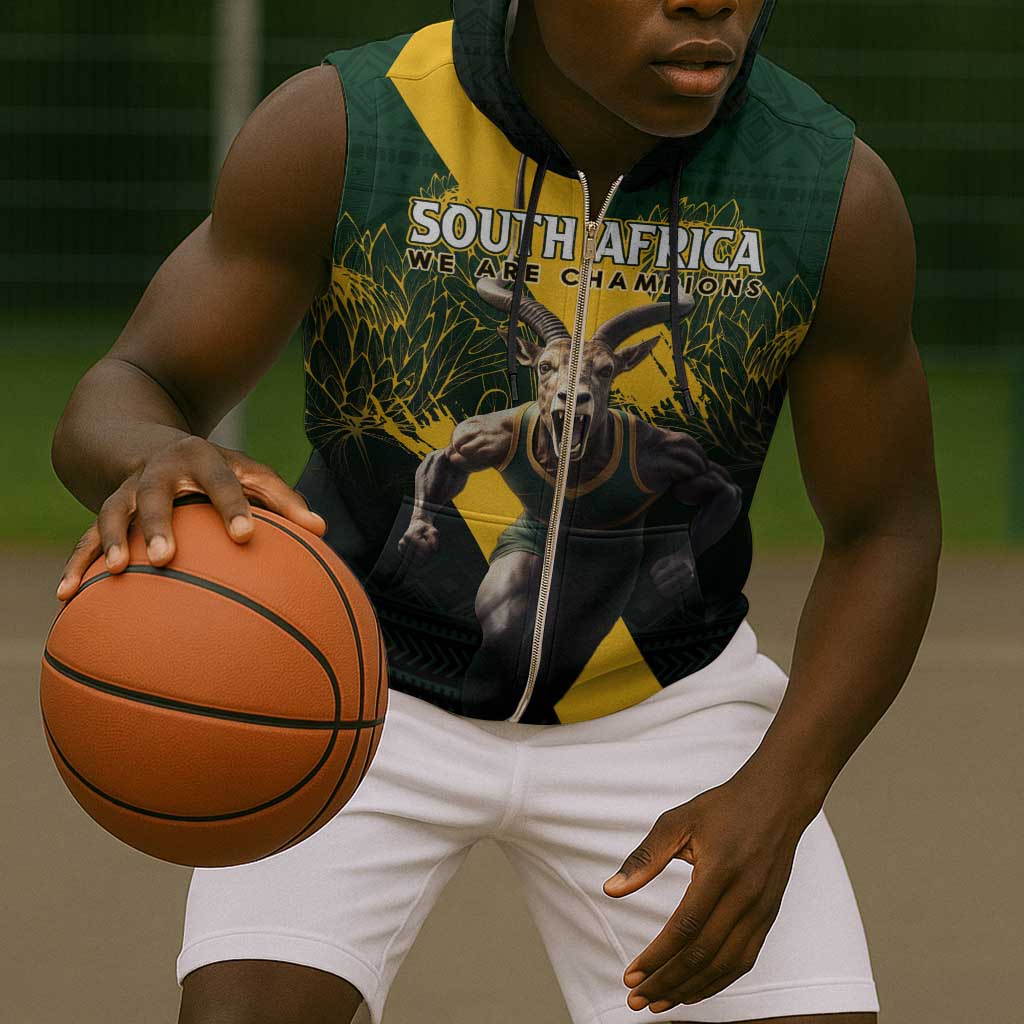 Personalised South Africa Rugby Sleeveless Zip Hoodie Proud Bokke We Are Champions - African Pride