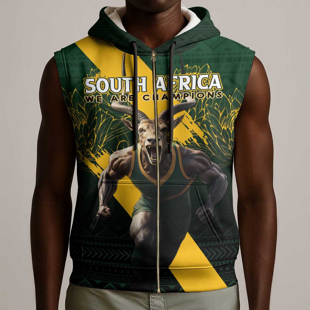 Personalised South Africa Rugby Sleeveless Zip Hoodie Proud Bokke We Are Champions - African Pride