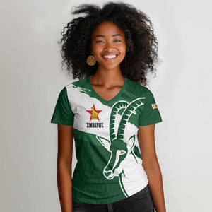 Zimbabwe Rugby Personalized Grunge Women V-Neck T-Shirt Go Sables - African Pride