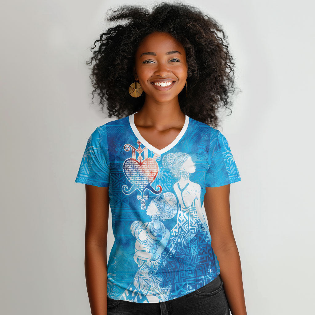 Afro Erzulie Dantor Veve Women V-Neck T-Shirt Mother Goddess