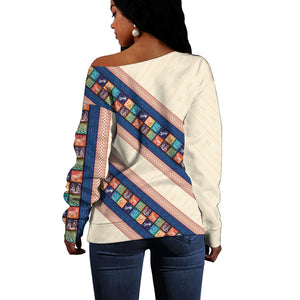 Zimbabwe Heritage Off Shoulder Sweater Screen Print Animals Motif