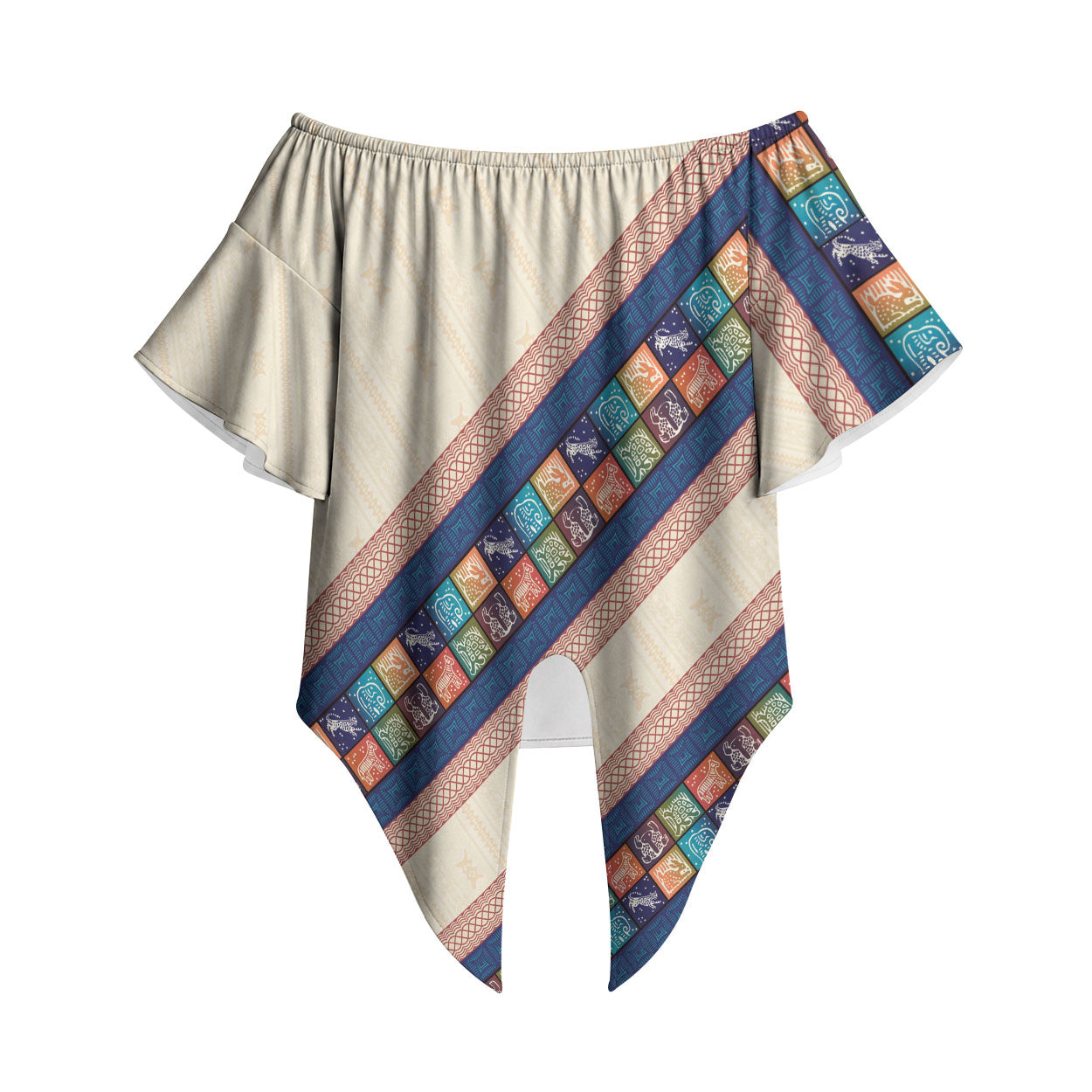 Zimbabwe Heritage Off Shoulder Wrap Waist Top Screen Print Animals Motif