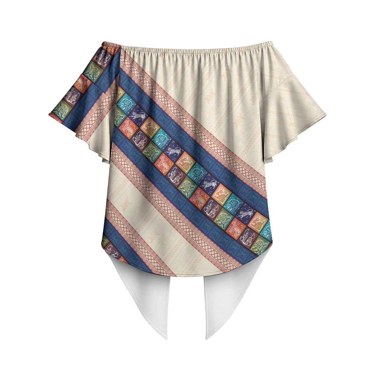 Zimbabwe Heritage Off Shoulder Wrap Waist Top Screen Print Animals Motif
