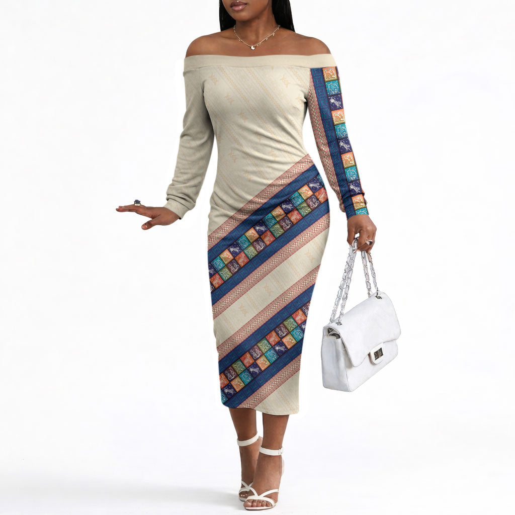 Zimbabwe Heritage Off The Shoulder Long Sleeve Dress Screen Print Animals Motif