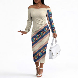 Zimbabwe Heritage Off The Shoulder Long Sleeve Dress Screen Print Animals Motif