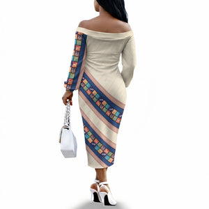 Zimbabwe Heritage Off The Shoulder Long Sleeve Dress Screen Print Animals Motif