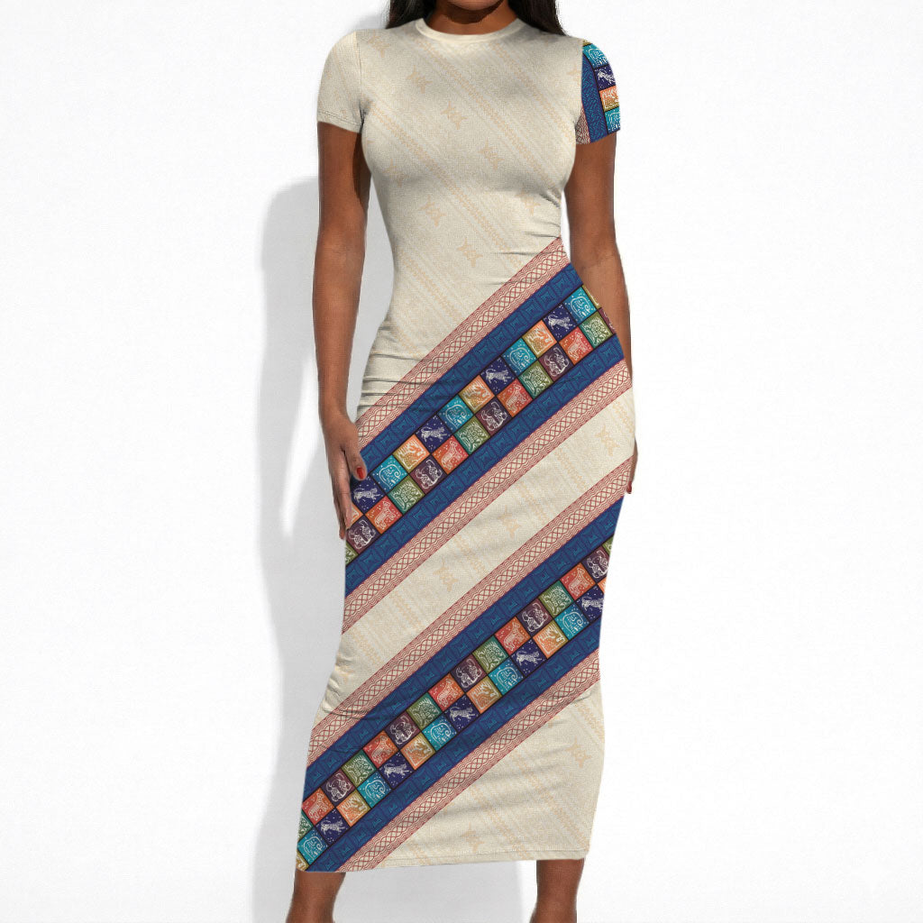 Zimbabwe Heritage Short Sleeve Bodycon Dress Screen Print Animals Motif