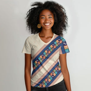 Zimbabwe Heritage Women V-Neck T-Shirt Screen Print Animals Motif