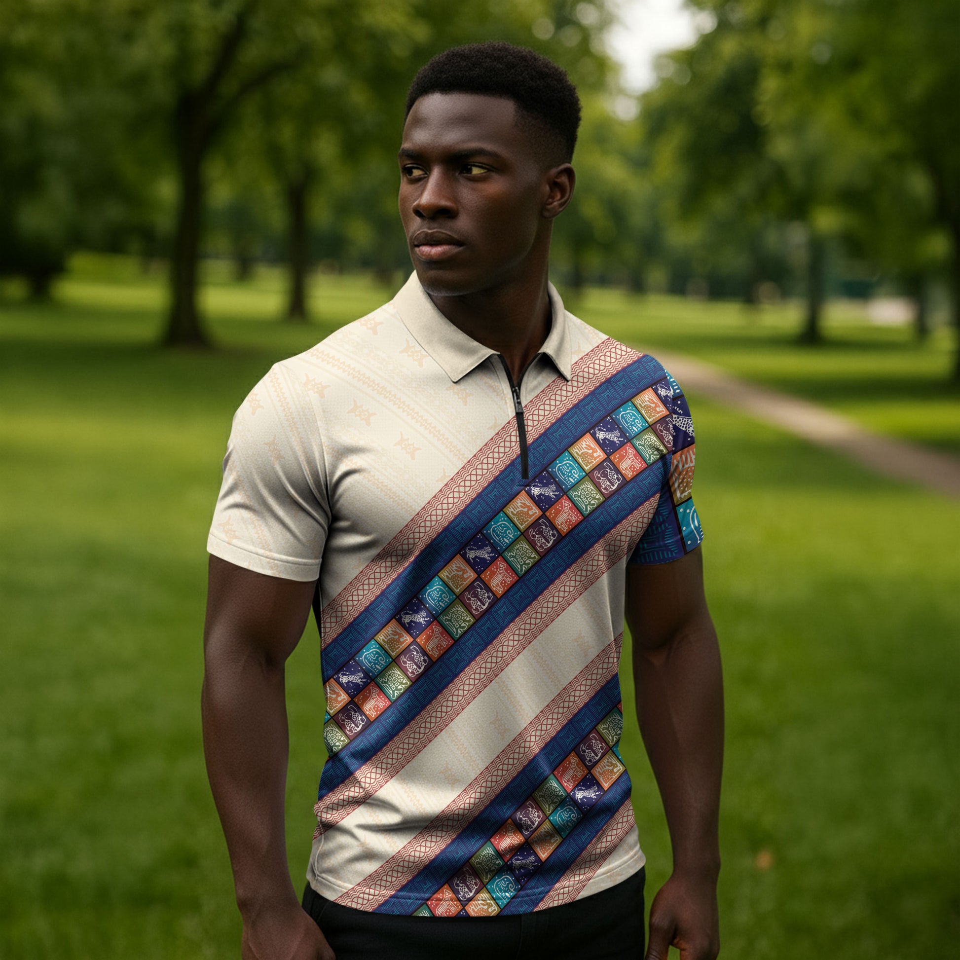 Zimbabwe Heritage Zipper Polo Shirt Screen Print Animals Motif