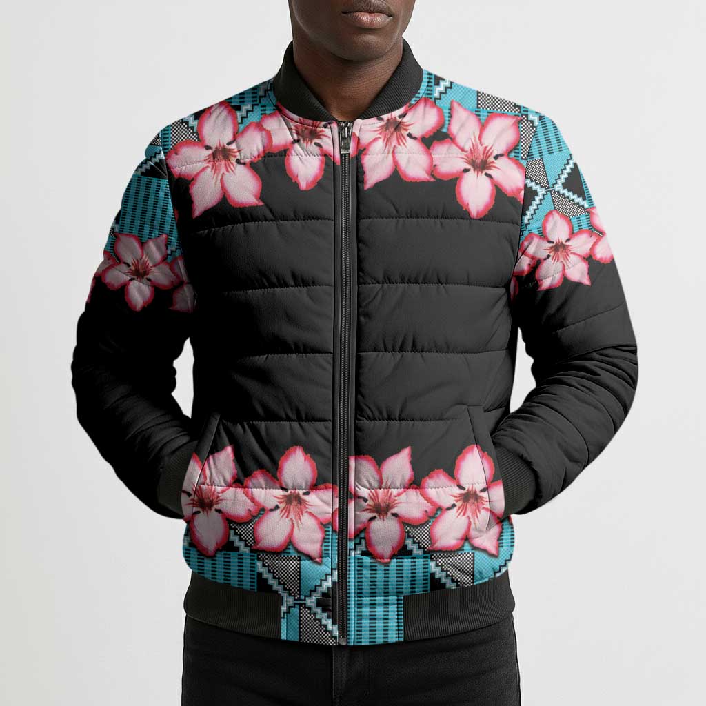 African Adenium Multiflorum Flowers Bomber Puffer Jacket with Kente Style