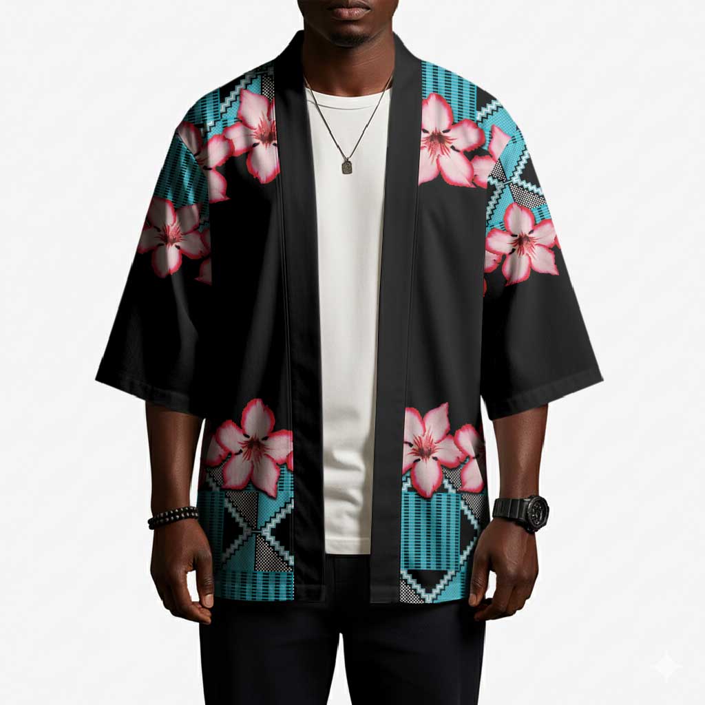 African Adenium Multiflorum Flowers Kimono with Kente Style