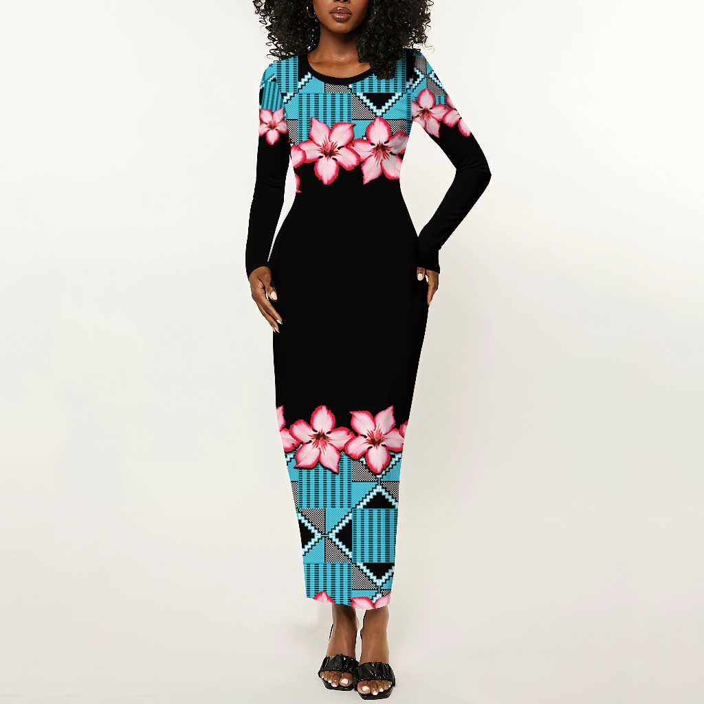 African Adenium Multiflorum Flowers Long Sleeve Bodycon Dress with Kente Style LT9