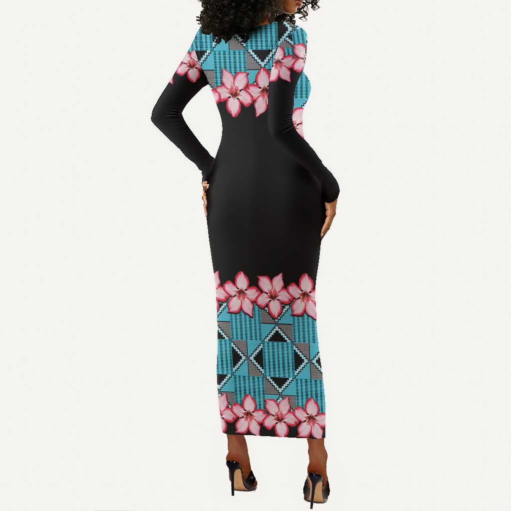 African Adenium Multiflorum Flowers Long Sleeve Bodycon Dress with Kente Style LT9