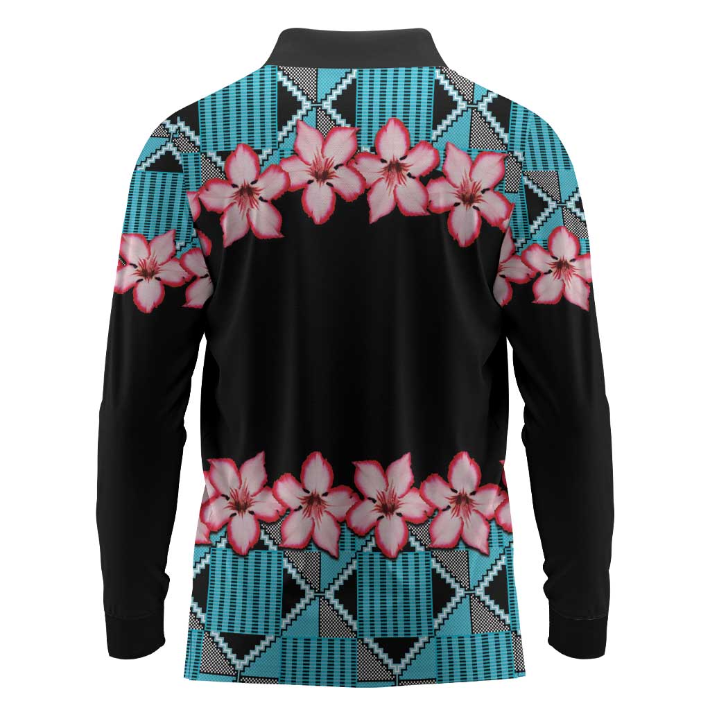 African Adenium Multiflorum Flowers Long Sleeve Polo Shirt with Kente Style