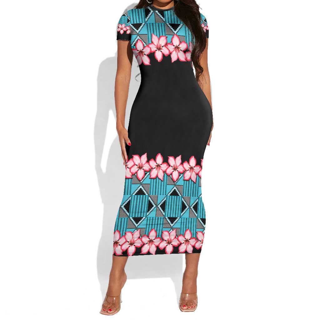African Adenium Multiflorum Flowers Short Sleeve Bodycon Dress with Kente Style LT9