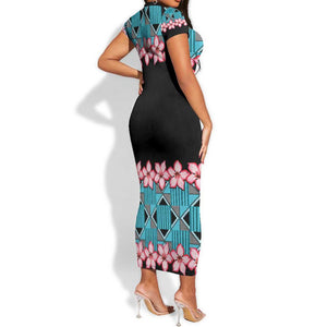 African Adenium Multiflorum Flowers Short Sleeve Bodycon Dress with Kente Style LT9