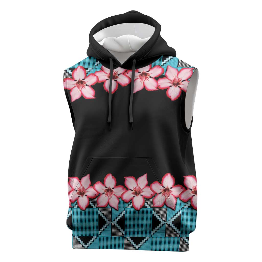African Adenium Multiflorum Flowers Sleeveless Hoodie with Kente Style - African Pride