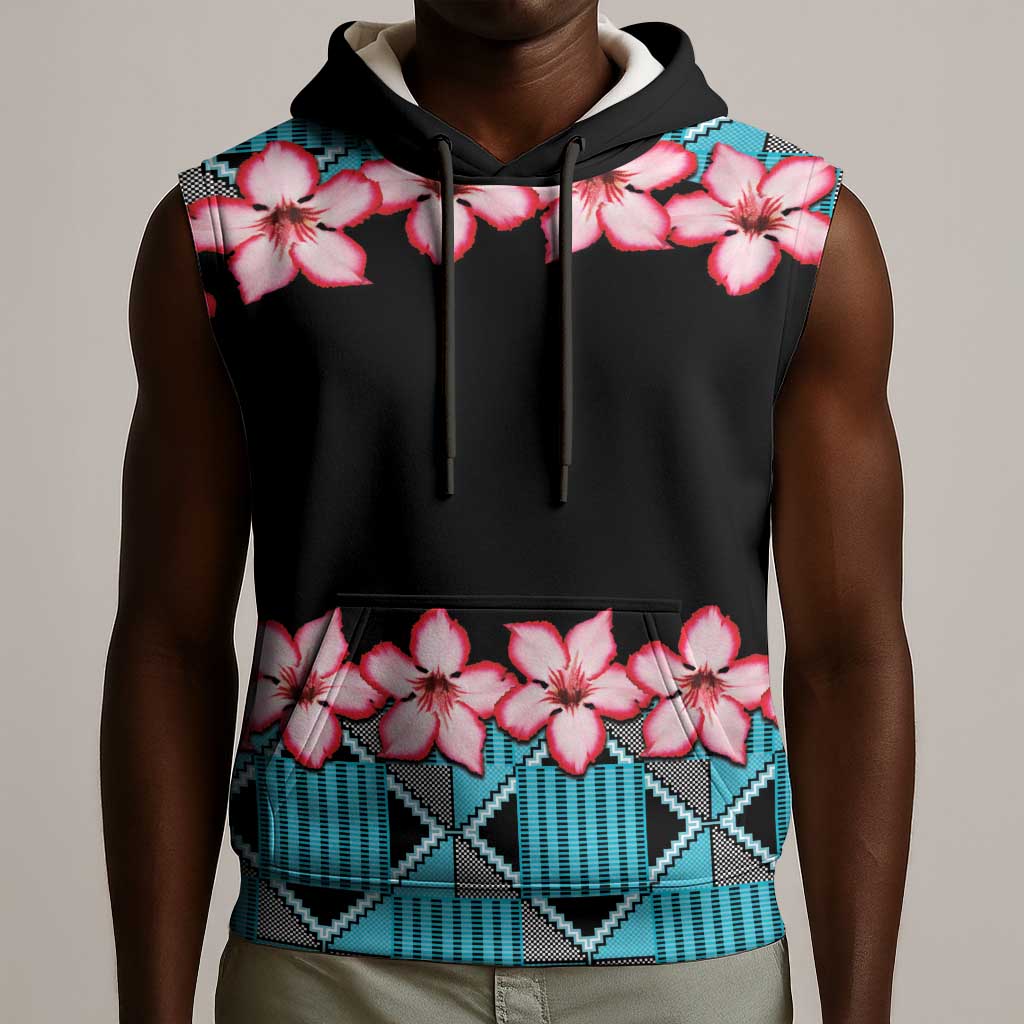 African Adenium Multiflorum Flowers Sleeveless Hoodie with Kente Style - African Pride