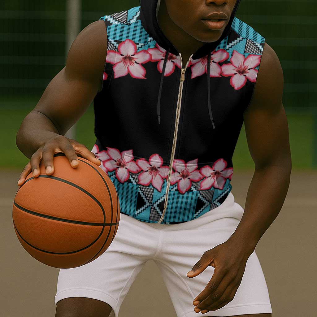 African Adenium Multiflorum Flowers Sleeveless Zip Hoodie with Kente Style - African Pride