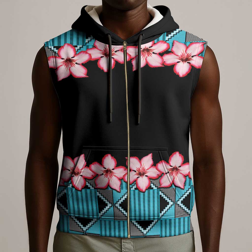 African Adenium Multiflorum Flowers Sleeveless Zip Hoodie with Kente Style - African Pride