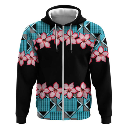 African Adenium Multiflorum Flowers Zip Hoodie with Kente Style