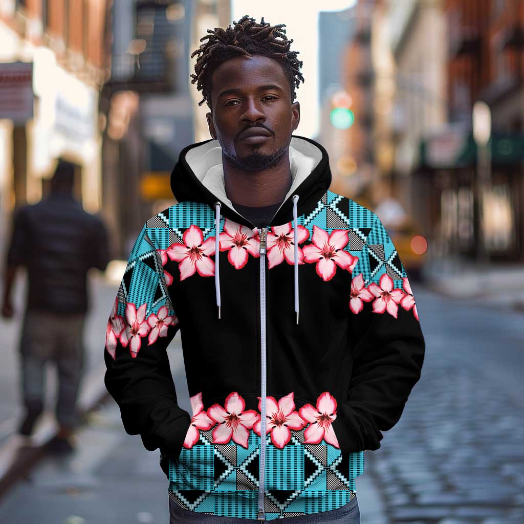 African Adenium Multiflorum Flowers Zip Hoodie with Kente Style
