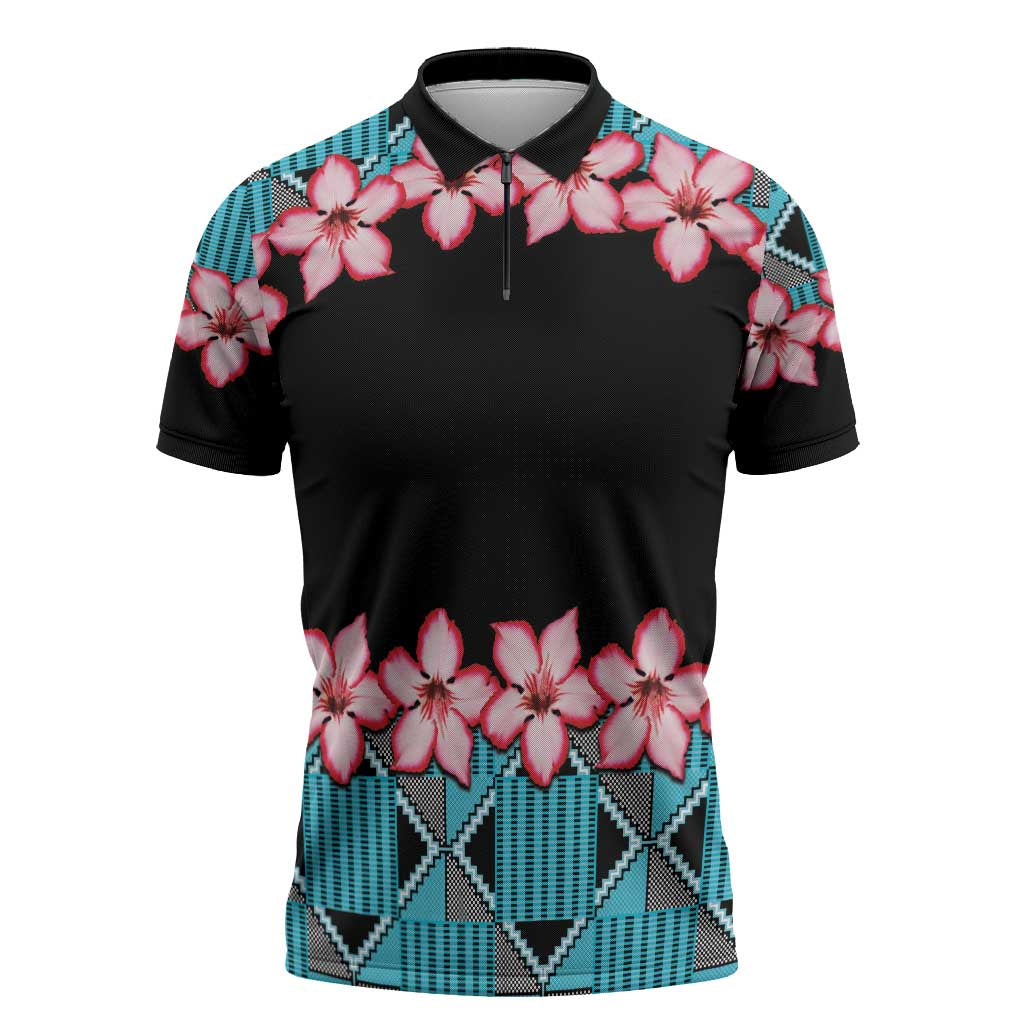 African Adenium Multiflorum Flowers Zipper Polo Shirt with Kente Style